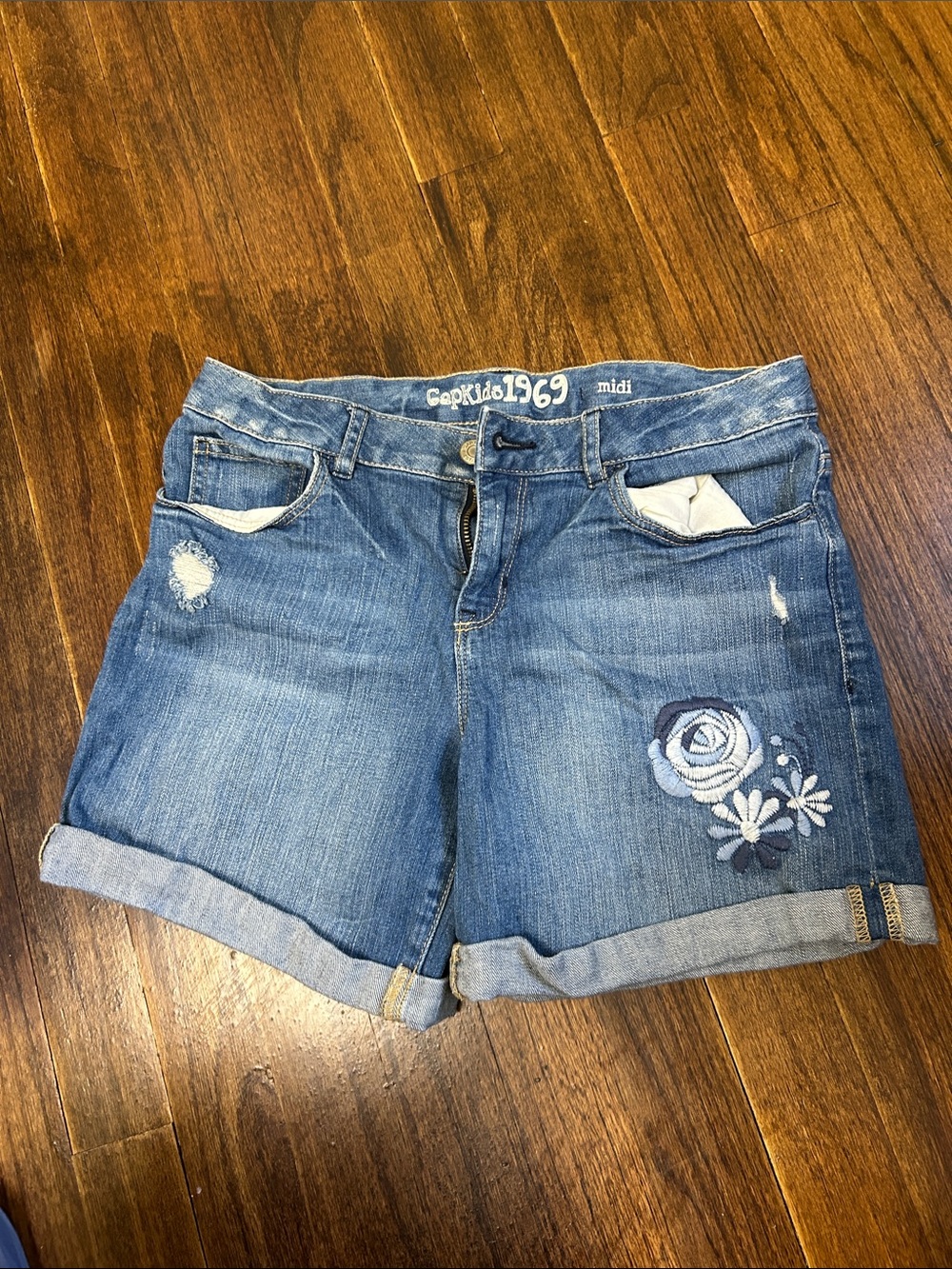 GAP Light Blue Denim Embroidered Roll-Hem Shorts